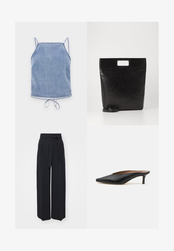 Lichtblauw denim crop top met dunne bandjes, een relaxte pasvorm en een trekkoord onderaan. Heeft contrasterende stiksels langs de randen.; Zwarte wijde broek van zachte stof. Voorzien van een ceintuur en plooien aan de voorkant. Glad textuur met een strakke, hedendaagse stijl.; Zwarte leren muiltjes met een puntige neus en een lage, blokhak. Glad oppervlak met een gestroomlijnd ontwerp. Open achterkant met minimale details.; Zwarte leren draagtas met een vierkant handvat, met een gestructureerde afwerking en een reliëflogo. Inclusief een afneembare schouderband.