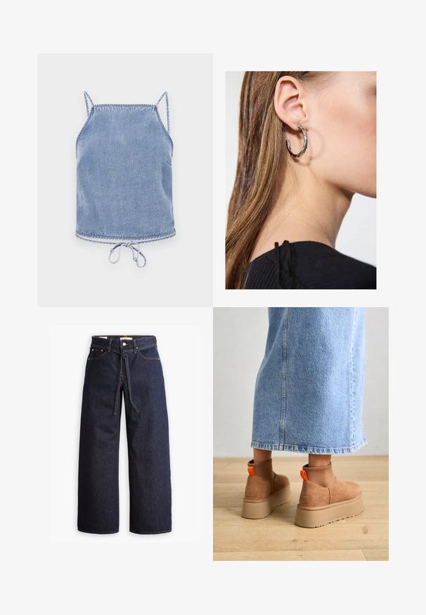 Top cropped de denim azul claro com alças finas, um ajuste solto e uma barra com cordão. Apresenta costura contrastante ao longo das bordas.; Calças de ganga de perna larga, em azul escuro, com uma cintura alta, apresentando um cordão, cinco bolsos e detalhes de costura em contraste.; Botas plataforma em camurça castanha com painéis laterais elásticos e puxadores laranja, combinadas com uma saia de ganga clara até ao joelho, em um chão de madeira.; Brinco de argola prateada com acabamento polido, apresentando pequenos detalhes em dourado e uma forma redonda, usado na orelha.