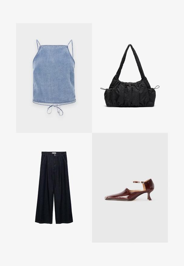 Top scurt din denim albastru deschis, cu bretele subțiri, croială lejeră și tiv cu șnur. Prezintă cusături contrastante pe margini.; Pantaloni largi din denim închis, cu talie înaltă, având un închidere cu nasture frontal, două buzunare laterale și detalii de cusătură.; Pantof burgundiu din piele lăcuită, cu vârf ascuțit, curea la gleznă și toc conic de 5 cm. Textură netedă și design minimalist.; Geantă de mână din țesătură neagră cu textură pliată, două curele de umăr și închidere cu șnur pe laterale. Material neted și ușor.