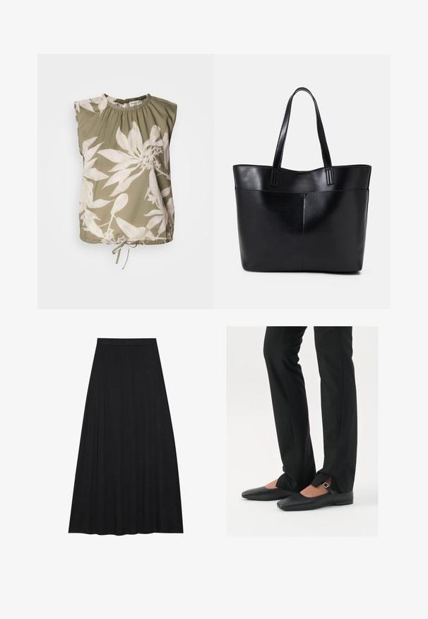 Olive green sleeveless top with a gathered neckline, featuring large white floral prints and a adjustable tie at the hem. Soft fabric texture.; Black maxi skirt made of soft, flowing fabric. It features an elastic waist and a full, A-line silhouette with a smooth texture.; Black leather ballet flats with a pointed toe, strap with silver buckle, paired with black tailored pants featuring a slit hem.; Black leather tote bag with two long handles, a smooth texture, and a structured shape. Features a front pocket for additional storage.