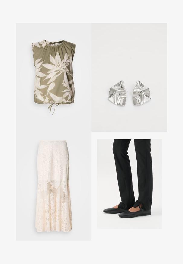 Oliven grønn ermeløs topp med en samlet halsringning, med store hvite blomstermønstre og justerbar knyting i kantene. Myk tekstur.; Blomsterbroderi midi skjørt i krem; har lagd design med gjennomsiktige seksjoner, teksturert blonde og flared kant.; Svart skinnballett-sko med spiss tå, stropp med sølvspenne, kombinert med svarte skreddersydde bukser med splitt i kanten.; Sølvmetall øredobber med et bølgete, skulpturelt design, preget av en polert finish og uregelmessige former, som fremhever en moderne estetikk.