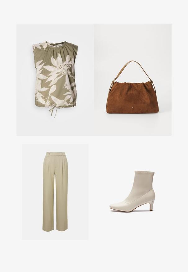 Olivgrünes ärmelloses Oberteil mit gerafftem Halsausschnitt, das große weiße Blumenmuster aufweist und einen verstellbaren Krawattenverschluss am Saum hat. Weicher Stoff.; Beige weit geschnittene Hose aus glattem Stoff, mit vorderer Bügelfalte, tailliertem Bund und seitlichen Taschen. Saubere Saumverarbeitung.; Weiße Knöchelstiefel aus glattem Leder mit spitzem Zehenbereich und einem kurzen, schmalen Absatz. Verfügt über ein minimalistisches Design und ein nahtloses Obermaterial.; Braune Wildlederhandtasche mit einem gerafften Design, ausgestattet mit einem einzelnen hellbraunen Ledertragegurt und einem subtilen goldenen Logo-Detail auf der Vorderseite.