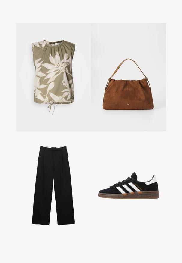 Oliven grøn ærmeløs top med en rynket halsudskæring, der har store hvide blomsterprinte og en justerbar snøre i kanten. Blødt stof.; Bredde ben sorte bukser lavet af glat stof. Har frontfolder, en talje med bæltesløjfer og en skræddersyet silhuet.; Sort Adidas sneakers med hvide striber, guld "Spezial" tekst, gummisål og hvid hælflap, vist i profil.; Brun ruskind handbag med en samlet design, der har en enkelt tan læderstrop og en subtil guld logo detalje på fronten.; Sølvmetal øreringe med et bølgende, skulpturelt design, der har en poleret overflade og uregelmæssige former, hvilket fremhæver en moderne æstetik.