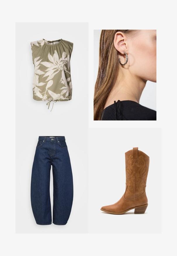 Oliven grøn ærmeløs top med en rynket halsudskæring, der har store hvide blomsterprinte og en justerbar snøre i kanten. Blødt stof.; Mørkeblå denim jeans med høj talje og brede ben, frontknap og lynlås lukning samt klassisk fem-lomme design.; Tan læder cowboystøvle med spids tå, broderede svirvelmønstre på skaftet og en stablet blokhæl. Har en træksløjfe for nem af/på.; Sølv hoop ørestik med en poleret overflade, prydet med små guld accenter og en rund form, båret på øreflippen.