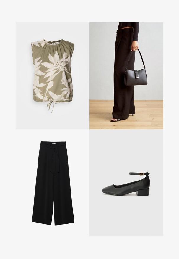 Olivgrünes ärmelloses Oberteil mit gerafftem Halsausschnitt, das große weiße Blumenmuster aufweist und einen verstellbaren Krawattenverschluss am Saum hat. Weicher Stoff.; Schwarze weite Hosen aus strukturiertem Stoff, mit elastischem Bund und einem abnehmbaren Bindegürtel in der Taille für eine verstellbare Passform.; Schwarze Lederpumps mit spitzem Zehenbereich und niedrigem Blockabsatz. Mit einem Knöchelriemen und einer goldfarbenen Schnalle. Glatte Textur.; Schwarze Handtasche mit strukturierter Form, glatter Textur und einem metallischen Verschluss. Kombiniert mit weiten schwarzen Hosen und offenen Sandalen auf einem Holzboden.