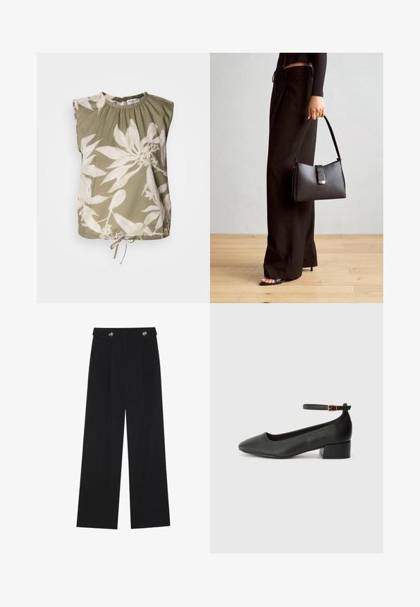 Oliivroheline ilma varrukat tops, millel on kogutud kaelus, suurte valgete lilleprintidega ja reguleeritav nöör alläärs. Pehme kangatekstuur.; Mustad laiad püksid kõrge vöökoha ja nööpdetailidega vööandil, esikortsudega.; Must mustaapp, millel on terav nina ja madal blokk-kand. Omab pahkluu rihma koos kuldse tooni pandlaga. Sile tekstuur.; Must musta kott, millel on struktureeritud kuju, sile tekstuur ja metallist klamber. Kombineeritud laiate mustade pükstega ja avatud varvaste sandaalidega puidust põrandal.