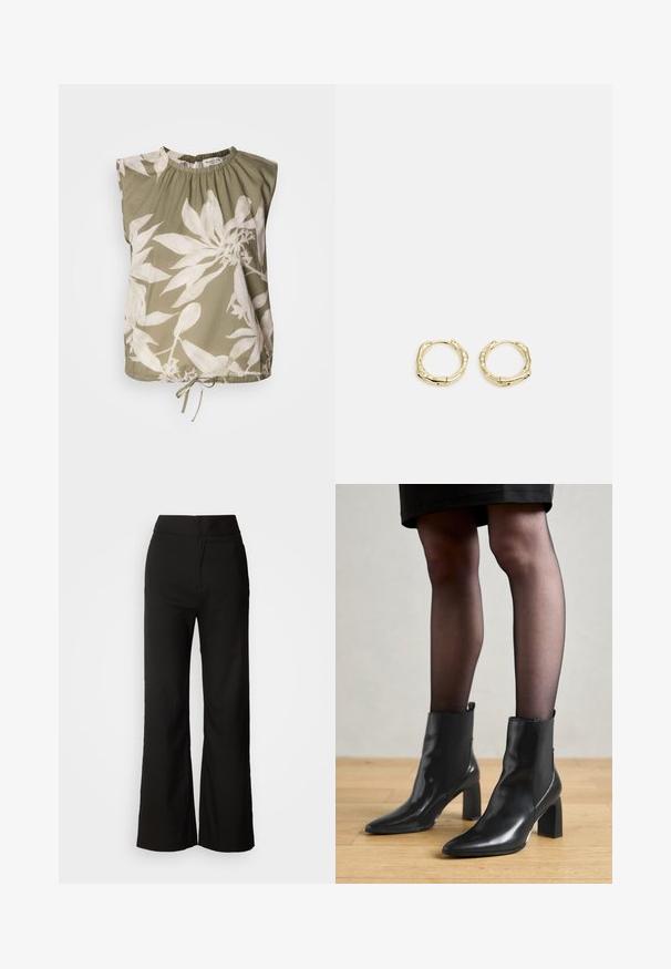 Olive spalvos be rankovių palaidinė su susiraukšlėjusiu apykaklės kraštu, puikuojanti dideliais baltais gėlių raštais ir reguliuojamu raišteliu apatinėje dalyje. Minkšta audinio tekstūra.; Juodos plačios kelnės su lygiu paviršiumi, aukšta liemeni, ir švariu dizainu. Nėra matomų kišenių ar papuošimų.; Juodos odinės aulinės botai su smailiu priekiniu galiuku, masyviu kvadratiniu kulnu ir elegantišku dizainu. Yra elastingos šoninės detalės, kad būtų lengva užsidėti.; Aukso žiedo auskarai su tekstūruotu, netaisyklingu paviršiumi. Yra be siūlių užsegimas ir poliruotas paviršius, akcentuojantis modernų dizainą.