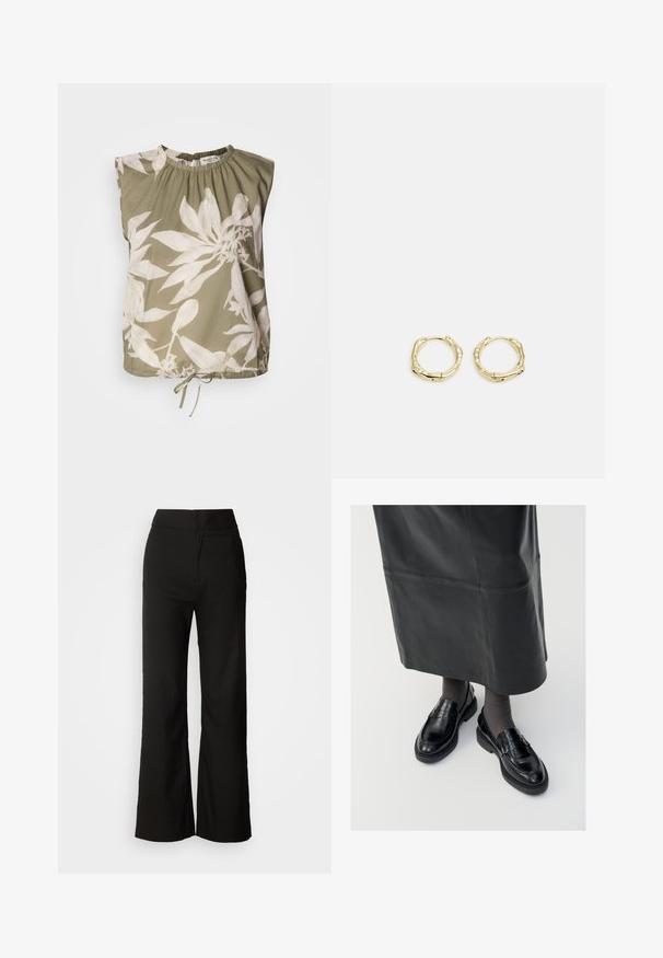 Olive spalvos be rankovių palaidinė su susiraukšlėjusiu apykaklės kraštu, puikuojanti dideliais baltais gėlių raštais ir reguliuojamu raišteliu apatinėje dalyje. Minkšta audinio tekstūra.; Juodos plačios kelnės su lygiu paviršiumi, aukšta liemeni, ir švariu dizainu. Nėra matomų kišenių ar papuošimų.; Juodos odinės loafer bateliai su glotniu paviršiumi, dekoratyvine juostele, apvalia nosimi ir tekstūruotu padu. Dėvimi su ilga juoda odine sijonu.; Aukso žiedo auskarai su tekstūruotu, netaisyklingu paviršiumi. Yra be siūlių užsegimas ir poliruotas paviršius, akcentuojantis modernų dizainą.