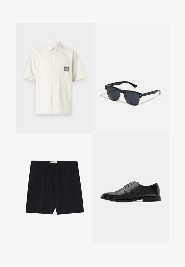 Lühikeste varrukatega kreemjas särgis, mis on valmistatud puuvillast, on nööpide sulgemisega ees ja rinnataskuga, millel on kontrastne must GAP logo.; Mustad, elastse varrugae püksid, millel on nööriga vöökoht, sile tekstuur ja sirge lõige, sobivad vabaaja kandmiseks.; Must must esine tugeva varbaga, luku kinnitusega, peente õmblustete detailidega ja madala kontsaga. Sile tekstuur ja poleeritud viimistlus.; Mustad mustmikrooni kujuga mustad prillid, tumedate klaasidega, hõbedased detailid templite juures ja mati viimistlusega raam.