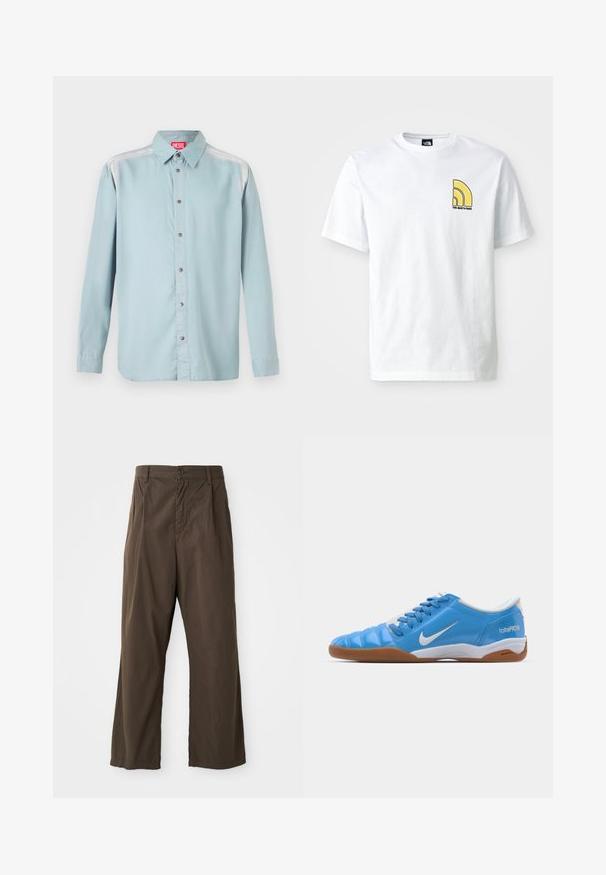 Camicia button-up azzurro chiaro con colletto standard, dotata di un'etichetta rossa, bottoni metallici e una texture di tessuto liscia.; T-shirt bianca in cotone con collo rotondo, dotata di un logo giallo e nero sul lato sinistro del petto. Maniche corte e design a vestibilità standard.; Pantaloni marroni a gamba larga in cotone con chiusura anteriore a bottoni, passanti per la cintura e una superficie liscia e opaca.; Scarpe sportive blu con una tomaia sintetica liscia, dettagli bianchi e suola in gomma. Presentano lacci e un marchio sul lato.