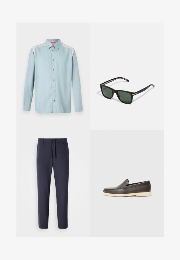 Gaiši zils krekls ar normālu apkakli, ar sarkanu logotipa etiķeti, metāliskiem pogām un gludu auduma tekstūru.; Jūras spēku sporta bikses ar elastīgu jostu un aukliņu. Izgatavotas no gludas materiāla, ar sašaurinātiem galiem un bez redzamām kabatām.; Brūni ādas uzvelkamie apavi ar strukturētu virsmu un kontrastējošu gaiši pelēku zoli, ar noapaļotu purngalu un minimālām šuvju detaļām.; BOSS Saulesbrilles - black