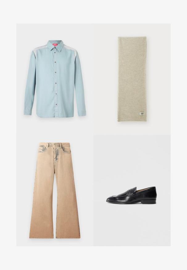 Camicia button-up azzurro chiaro con colletto standard, dotata di un'etichetta rossa, bottoni metallici e una texture di tessuto liscia.; Jeans beige a gamba larga con texture sfumata, design a cinque tasche e dettagli cuciti lungo le cuciture. La vita ha una chiusura a bottone tradizionale.; Mocassino in pelle nera con finitura liscia, punta affusolata e dettagli di cucitura sottili. Presenta un tacco piatto e un logo impresso sul lato.; Sciarpa lavorata a maglia beige con texture a coste verticali. Presenta un piccolo etichetta di tessuto etichettata "DRYARN" a un'estremità. Materiale morbido e leggero.; Cravatta nera con strisce blu diagonali, realizzata in un tessuto liscio. Presenta un'estremità affusolata e un nodo a loop nella parte superiore.