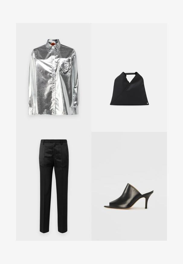 MCM METALLIC SHIRT - Košilová halenka - silver; Černé kalhoty na míru se rovnými nohavicemi a pasem s poutky na opasek, které se vyznačují kombinací matných a lesklých panelů tkaniny.; Černé kožené otevřené muly s elegantním, zakřiveným designem, vysokým jehlovým podpatkem a hladkou texturou. Interiér má kontrastní světlou barvu.; Černá kožená taška s asymetrickým designem a texturovaným povrchem. Má jednoduchou rukojeť a decentní logo jako akcent.