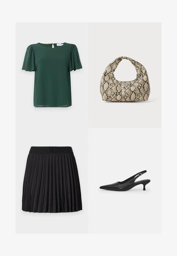 Zielona bluzka z krótkim rękawem, okrągłym dekoltem i detalem w kształcie otworu z tyłu. Wykonana z lekkiego, gładkiego materiału o zwiewnym fasonie.; Czarna plisowana spódnica o gładkiej fakturze, z solidnym czarnym pasem w talii i wytłoczonym detalem z logo z przodu.; Czarne skórzane buty typu slingback z wydłużonym noskiem i smukłym, zakrzywionym obcasem. Posiadają dyskretny regulowany pasek z metalową klamrą.; Torebka w wężowy wzór z zakrzywionym uchwytem. Wykonana z teksturowanych, beżowych i brązowych materiałów, z charakterystycznym wzorem w diamenty.