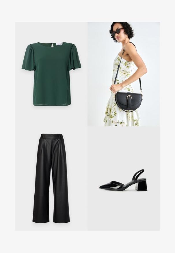 Grøn, kortærmet bluse med rund halsudskæring og en nøglehulldetalje på ryggen. Lavet af letvægts, glat stof med et svævende design.; Sorte, vide bukser lavet af læder, med høj talje, plisseringer og to runde knapper foran til lukning.; Sorte patentlæder slingback hæle med spids tå og en geometrisk blok hæl. Har et elegant, minimalistisk design og en glat tekstur.; Sort læderhåndtaske med en buet form, aftagelig rem og guldfinish. Tasken har en klap med en spænde detalje.
