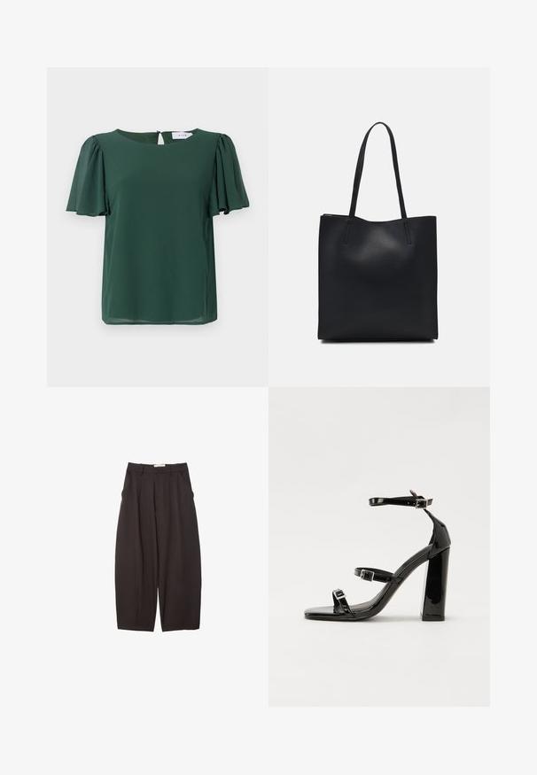 Zelená blúzka s krátkym rukávom a okrúhlym výstrihom s detailom v tvare kľúčovej diery na chrbte. Vyrobená z ľahkého, hladkého materiálu s voľným strihom.; Čierne široké nohavice vyrobené z hladkej tkaniny, s vysokým pásom, prednými skladmi a bočnými vreckami. Jednoduchý dizajn bez ozdôb.; Čierne lakované sandále na podpätku so štvorcovou špičkou, navlečenými remienkami okolo členku a striebornými prackami. Disponujú masívnym blokovým podpätkom pre stabilitu.; Čierna kožená taška na rameno s hladkým povrchom, obdĺžnikovým tvarom a dvoma dlhými uchami. Bez viditeľného kovania alebo ozdôb.