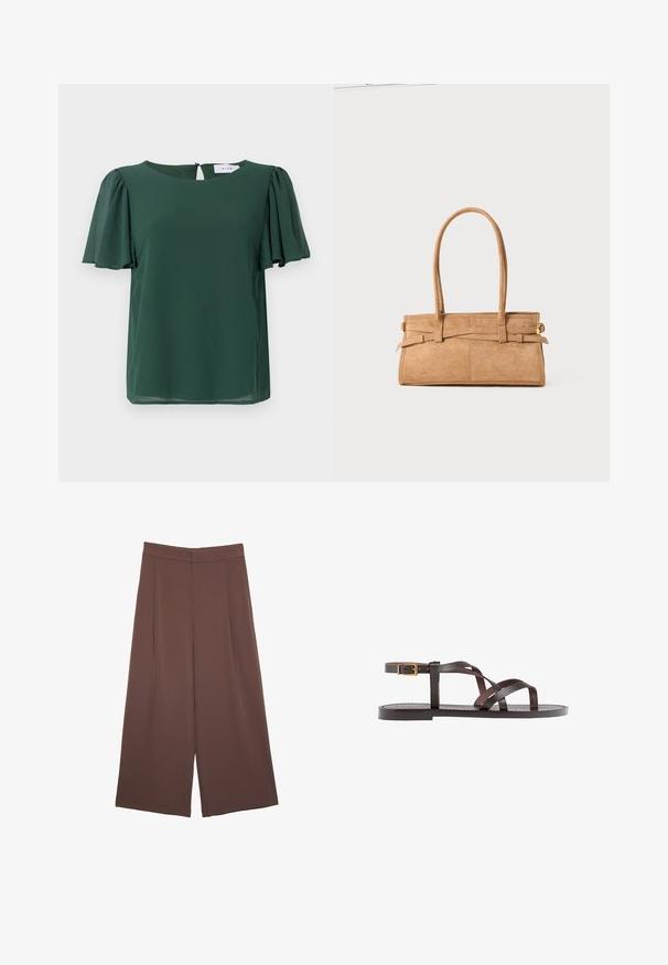 Grün, kurzärmlige Bluse mit rundem Ausschnitt und einem Schlüsselaugen-Detail auf der Rückseite. Hergestellt aus leichtem, glattem Stoff mit einem fließenden Design.; Braune Weite-Leg-Hosen mit einer glatten Textur, hoher Taille und Vorderfalten. Der Stoff ist leicht und fällt locker.; Braune Leder-Sandale mit überkreuzten Riemen, einem Knöchelriemen mit Schnalle und einer flachen Sohle mit minimalen Nähdetails.; Tasche aus braunem Wildleder mit zwei langen Griffen, rechteckiger Form und dekorativer Naht. Verfügt über einen seitlichen Riemen und subtile goldene Hardwareakzente.