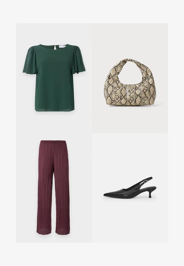 Green, short-sleeved blouse with a round neckline and a keyhole detail at the back. Made from lightweight, smooth fabric with a flowy design.; Plisse trousers in deep burgundy with an elastic waistband, featuring a flowing, wide-leg design and vertical pleats throughout.; Black leather slingback shoe with a pointed toe and a slim, curved heel. Features a discrete adjustable strap with a metal buckle.; Snake-print handbag with a curved handle. Made from textured, beige and brown materials, featuring a distinctive diamond pattern.