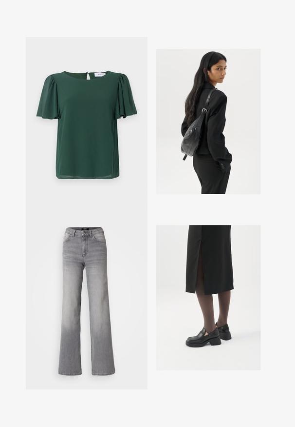 Grøn, kortærmet bluse med rund halsudskæring og en nøglehulldetalje på ryggen. Lavet af letvægts, glat stof med et svævende design.; Højtaljede grå denim jeans med lige ben, med frontknap og lynlås, foran og bagpå lommer, samt nedtoning på lår og lægge.; Sorte lædersko med rund tå, kraftig blokhæl og elastiske sideaccentuer, parret med mørke strømpebukser og en sort nederdel med slids.; Kvinde med langt, mørkt hår iført en sort dragt, bærende en sort læder skuldertaske, som ser over sin skulder mod en hvid baggrund.