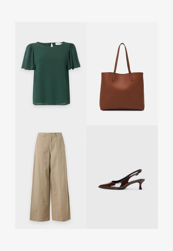 Grøn, kortærmet bluse med rund halsudskæring og en nøglehulldetalje på ryggen. Lavet af letvægts, glat stof med et svævende design.; Beige brede bukser lavet af robust bomuld, med knaplukning, bæltestropper og rene frontindlæg uden synlige lommer.; Brun patenteret læder slingback sko med spids tå og en moderat hæl. Har en spænde rem for en sikker pasform. Glat tekstur.; Brun læder tote taske med en glat overflade, åben topdesign og to skulderremme. Har minimal syning og ingen synlig hardware.