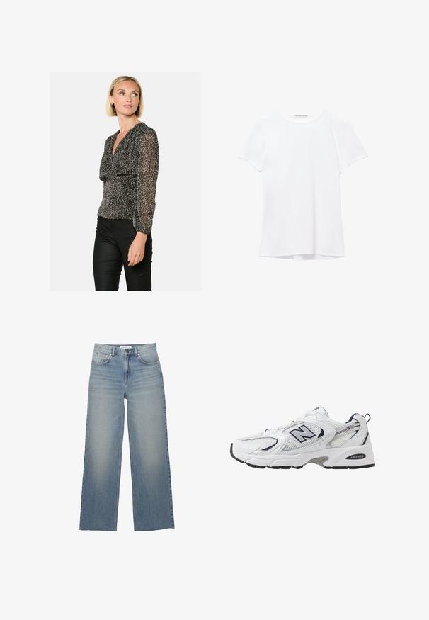 Blouse à imprimé léopard noir et beige avec de longues manches transparentes et un décolleté en V, mettant en valeur une taille froncée pour une silhouette ajustée.; T-shirt blanc à manches courtes en tissu lisse, avec un col rond et de subtils détails de couture à l'ourlet.; Jeans large en denim bleu clair, dotés d'une taille haute, de poches avant et d'une fermeture à bouton. Texture lisse avec des zones décolorées.; B baskets blanches avec une tige en mesh, des accents bleu marine et une semelle rembourrée. Présente le logo "N", des lacets et un détail texturé sur le côté.