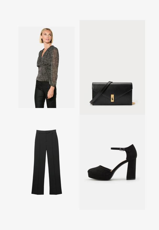 Schwarze und beige Leopardenmuster-Bluse mit langen, transparenten Ärmeln und V-Ausschnitt, ausgestattet mit einem gerafften Taillenschnitt für eine figurbetonte Silhouette.; Schwarze gerade geschnittene Hose aus glattem Stoff, mit flacher Vorderseite, Gürtelschlaufen und ohne sichtbare Taschen, in maßgeschneiderter Passform.; Schwarze Wildleder-Plattformabsätze mit einem dicken Blockabsatz, runder Zehenpartie und einem Knöchelriemen, der mit einer Metallschnalle gesichert ist. Glatte Oberfläche über das gesamte Schuhwerk.; Schwarze Leder-Geldbörse mit Klappverschluss, goldfarbener Hardware und Logo-Akzent. Inklusive abnehmbarem Trageriemen.