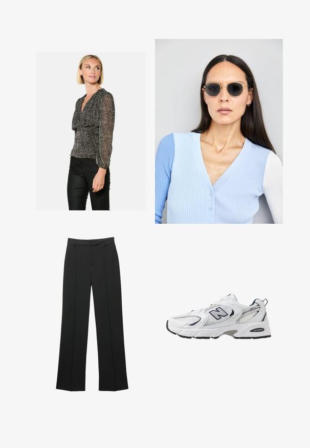 Black and beige leopard print blouse with long, sheer sleeves and a V-neckline, featuring a gathered waist for a fitted silhouette.; Black high-waist wide-leg trousers with belt loops and a front seam detail, displayed on a white background.; White athletic shoe with mesh upper, navy accents, and cushioned sole. Features "N" logo, laces, and textured detail on side.; Round sunglasses with dark lenses and gold frames. The model wears a light blue, ribbed cardigan with buttons and contrast white sleeves.; Michael Kors wristlet in beige coated canvas featuring a repeating MK logo pattern, gold hardware, and a detachable chain strap.