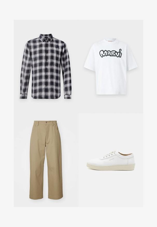 Kostkovaná košile v černobílé barvě, s dlouhými rukávy, límečkem, vyrobená z lehkého materiálu s měkkou texturou, s černými knoflíky.; Bílý krátký rukáv tričko s oversize střihem a černými tučnými bublinkovými písmeny, která na přední straně uprostřed hlásají "MARNI".; Khaki široké kalhoty vyrobené z bavlny, s vysokým pasem, předními kapsami a zapínáním na knoflík. Hladká textura a dobře padnoucí střih.; Bílé kožené tenisky s texturovaným povrchem, kulatou špičkou, béžovou gumovou podrážkou a šesti šedými očky na šněrování, s jemným brandingem na boku.