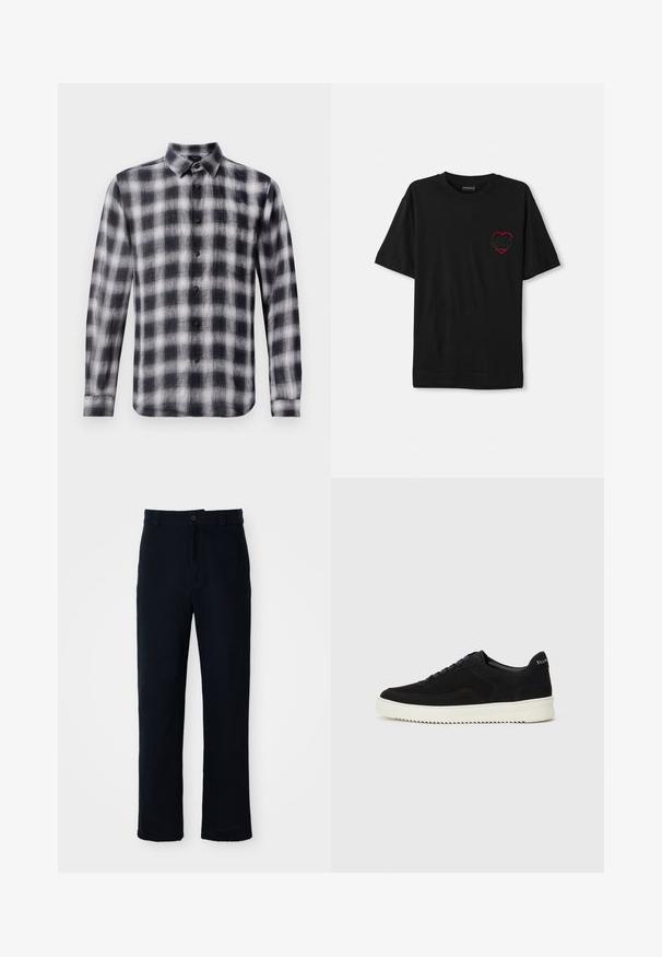 Rutigt skjorta i svart och vitt, långärmad, med krage, tillverkad av lättviktig tyg med en mjuk textur, prydd med svarta knappar.; Svart bomull t-shirt med korta ärmar, med en röd broderad hjärtdesign på vänster bröst. Klassisk rund halsringning, avslappnad passform.; Mörkblå bomullsbyxor med rak bendesign, frontknappstängning och klassisk midja med bälteshällor.; Svarta mockaskor med snörningsdesign och kontrasterande vita gummisulor. Har texturerade sidopaneler och diskret branding på hälen.