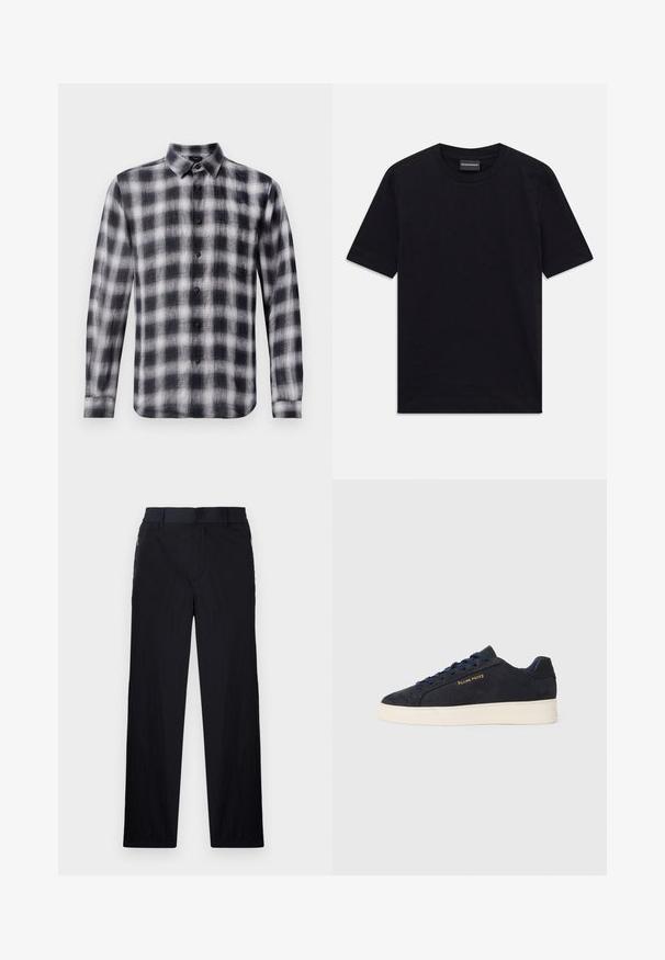 Camicia a scacchi bianca e nera, maniche lunghe, colletto, realizzata in tessuto leggero con una texture morbida, con bottoni neri.; T-shirt nero a maniche corte con colletto tondo, con un sottile motivo in rilievo e etichetta del marchio all'interno del colletto, adagiato su uno sfondo bianco.; Pantaloni neri realizzati in un tessuto leggero e strutturato, con taglio dritto, vita elasticizzata e tasche laterali con zip.; Sneaker bassa in suede blu navy con suola bianca, lacci blu navy e logo "Filling Pieces" in oro sul lato.