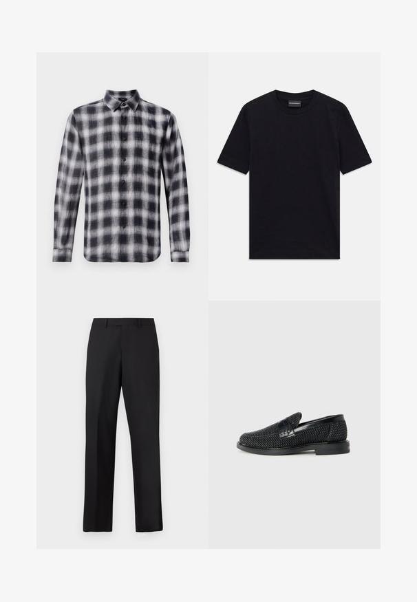 Karo košulja u crnoj i bijeloj boji, dugih rukava, s ovratnikom, napravljena od lagane tkanine s mekom teksturom, s crnim gumbima.; Crna kratkotrajna majica s okruglim izrezom i suptilnim reljefnim uzorkom, s oznakom branda unutar ovratnika, položena ravno na bijeloj pozadini.; Crne hlače ravnih nogavica od glatkog materijala. Imaju standardni pojas i bez vidljivih uzoraka ili dodataka.; Crne pletene cipele bez pertli s glatkim kožnim naglaskom na gornjem dijelu, s dizajnom okruglog nosa i niskoprofilnom gumenom đonom.