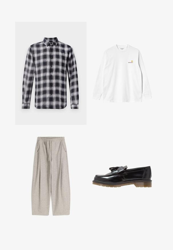 Karo košulja u crnoj i bijeloj boji, dugih rukava, s ovratnikom, napravljena od lagane tkanine s mekom teksturom, s crnim gumbima.; Dugi rukav bijela pamučna majica s okruglim izrezom, sa malim žutim i burgundskim logom na lijevoj strani prsnog koša. Bezšavne manžete i rub.; Svijetlosive trenirke s elastičnim pojasom, podešivim vezicom, dvije bočne džepove i širokim, lepršavim nogavicama. Mekana tekstura, nabran dizajn.; Crni lakirani kožni mokasini s pletenim dizajnom, s resicama i debelim, teksturiranim gumenim đonom. Bočni prikaz prikazuje elegantan siluet.