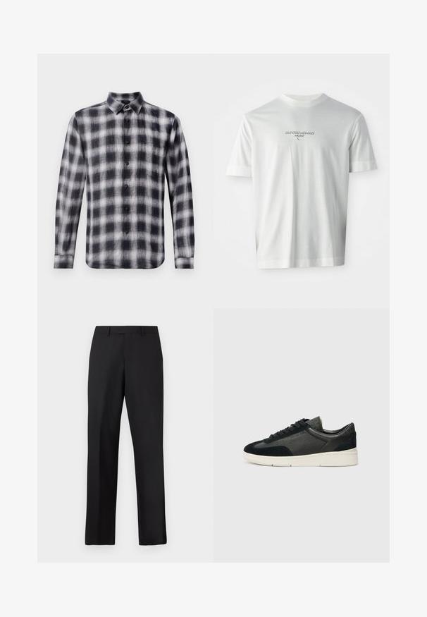 Camicia a scacchi bianca e nera, maniche lunghe, colletto, realizzata in tessuto leggero con una texture morbida, con bottoni neri.; T-shirt bianca a maniche corte con il logo "EMPORIO ARMANI MILANO" centrato sul petto in rilievo sottile.; Pantaloni neri a gamba dritta in tessuto liscio. Presentano una vita standard e nessun motivo o accento visibile.; Sneakers a basso profilo che presentano un mix di suede nero e pelle texturizzata, una suola in gomma bianca e lacci neri. Branding discreto sul lato.