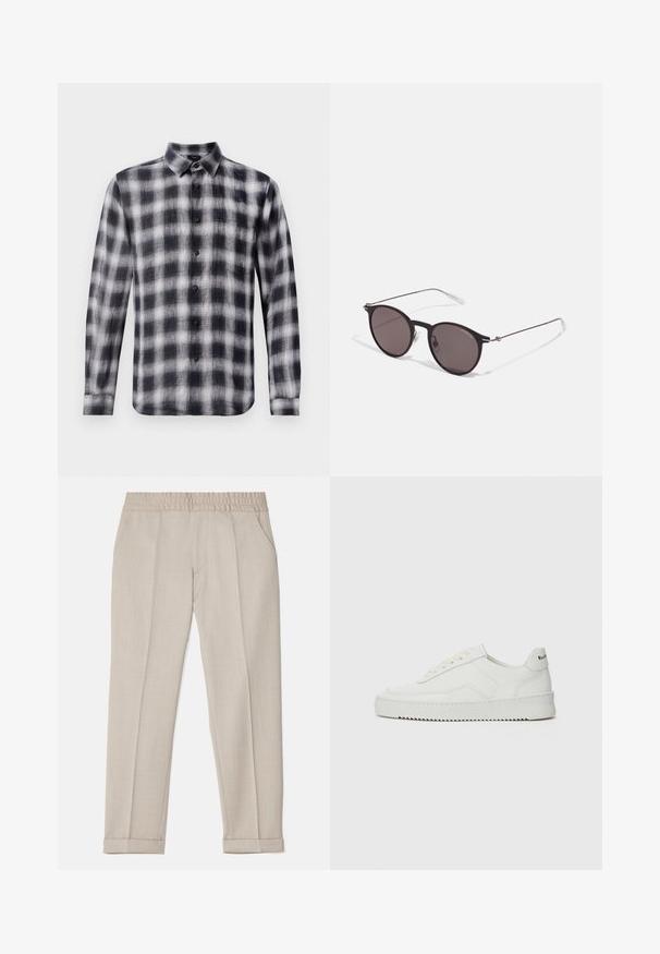 Camisa de cuadros en blanco y negro, de manga larga, con cuello, hecha de una tela ligera con una textura suave, con botones negros.; Filippa K TERRY CROPPED TROUSERS - Pantalones - sage melange; Zapatilla de cuero blanca con un acabado suave, puntera redonda, cordones planos y suela texturizada. Cuenta con un sutil logo en el talón.; Gafas de sol redondas negras con lentes oscuros y brazos metálicos delgados. Incluye puntas de varilla transparentes y acentos plateados en la bisagra. Diseño minimalista.
