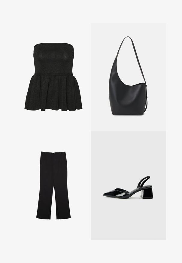 Sort strapless peplum top lavet af tekstureret strikstof, med en tætsiddende overdel og flagrende kant med en subtil glitrende effekt.; Sorte bukser med lige pasform, der har frontlommer og slidser i kanten. Lavet af blødt, glat stof. Velegnet til forskellige anledninger.; Sorte patentlæder slingback hæle med spids tå og en geometrisk blok hæl. Har et elegant, minimalistisk design og en glat tekstur.; Sort læder hobo taske med en glat overflade, buet form og en enkelt justerbar rem; har en bred åbning øverst.