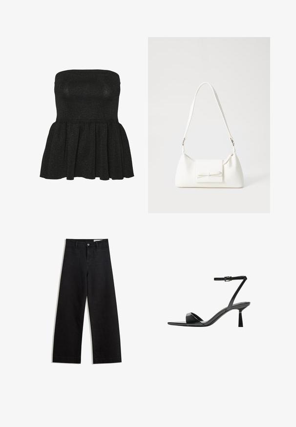 Zwarte strapless peplumtop van textuur gebreide stoffen, met een aansluitend bovenlijfje en een uitlopende zoom met een subtiele glans. ; Zwarte denim broek met wijde pijpen en een hoge taille, voorzien van voor- en achterzakken, gestikte naden en een knoopsluiting. Gladde textuur.; Bershka Sandalen met hoge hak - black; Witte synthetische handtas met een driehoekige vorm, platte voorklep en strikdetail, verstelbare schouderriem, gladde textuur en minimalistisch ontwerp.