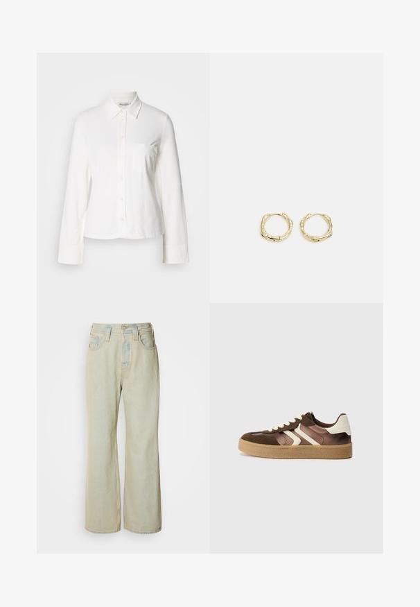 Biała koszula z długim rękawem na guziki, z kołnierzykiem w kształcie stożka, kieszonką na piersi i mankietami, zaprezentowana na jednolitym tle.; Jasnoniebieskie dżinsy typu wide-leg, wykonane z denimu, z wysokim stanem, pięcioma kieszeniami oraz subtelnym wyblaknięciem i kontrastowymi przeszyciami.; Brązowe i kremowe trampki wykonane z połączenia zamszu i satyny, z trzema ukośnymi paskami oraz teksturowaną gumową podeszwą.; Złote kolczyki w kształcie obręczy o teksturowanej, nieregularnej formie. Posiadają bezszwowe zapięcie oraz polerowane wykończenie, podkreślające nowoczesny design.