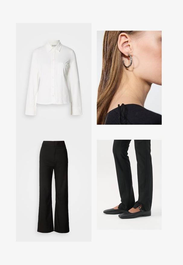 White long-sleeve button-up shirt with a pointed collar, front chest pocket, and cuffed sleeves, displayed on a plain background.; Black wide-leg trousers with a smooth texture, high waist, and a clean design. No visible pockets or embellishments.; Black leather ballet flats with a pointed toe, strap with silver buckle, paired with black tailored pants featuring a slit hem.; Silver hoop earring with a polished finish, featuring small gold accent details and a round shape, worn on the lobe.