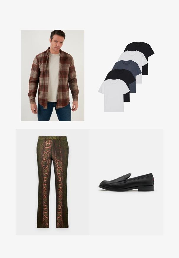 Patikrinta flanelinė marškinė raudonais, ruda ir smėlio atspalviais, su mygtukų užsegimu priekyje ir ilgomis rankovėmis, vilkima virš šviesiai pilkos marškinėlių.; Penki marškiniai juodos, baltos ir mėlynos spalvos. Pagaminti iš medvilnės, trumpomis rankovėmis, su apvaliu kaklu, be raštų.; Žalios raštuotos kelnytės su gyvatės rašto dizainu, puikiai derančiais rudos ir oranžinės spalvomis, tiesaus kirpimo ir lygia tekstūra.; Juodos odinės loafers' tipo bateliai su lygia apdaila, apvalia nosimi ir maža dekoratyvine kišenėle. Turi žemą sukrauto kulno ir subtilų prekės ženklo detalę.