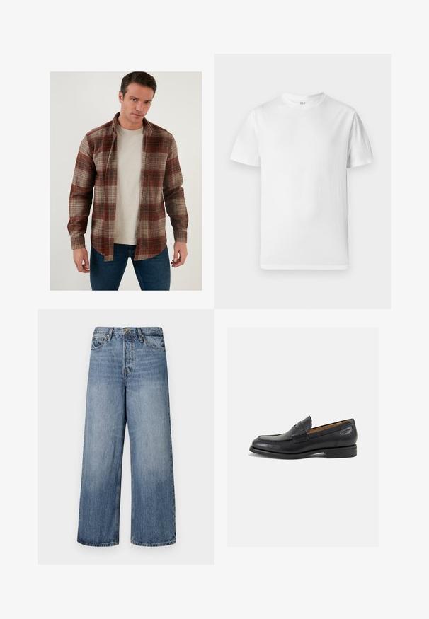 Geruite flanellen overhemd in rood, bruin en beige tinten met knoopsluiting aan de voorkant en lange mouwen, gedragen over een lichtgrijs t-shirt.; Witte T-shirt met korte mouwen van zacht katoen. Heeft een ronde halslijn en een rechte zoom met minimale details.; Wijde blauwe denim jeans met een vervaagde was, vijf zakken en een knoopsluiting. Voorzien van riemlussen en gestikte details.; Zwarte leren loafers met een gladde afwerking, ronde neus en decoratieve stiksels op de wreef. Lage gestapelde hak en een lichte glans.