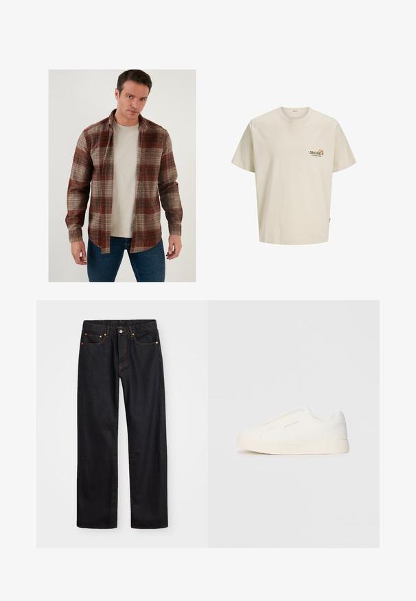 Kockás flanel ing piros, barna és bézs árnyalatokban, gombos elülső résszel és hosszú ujjakkal, világosszürke póló fölött viselve.; Világos bézs pamut póló rövid ujjakkal, kerek nyakkivágással és a mellkason olvasható nyomott logóval, amely így szól: "ORIGINALS ESTABLISHED IN 1900".; Férfi egyenes szabású fekete farmernadrág öt zsebbel és narancssárga varrással, gombos és cipzáros záródással elöl.; Fehér slip-on sportcipők texturált felülettel, vastag talppal és minimalista dizájnnal. Az oldalon a márka logója található.