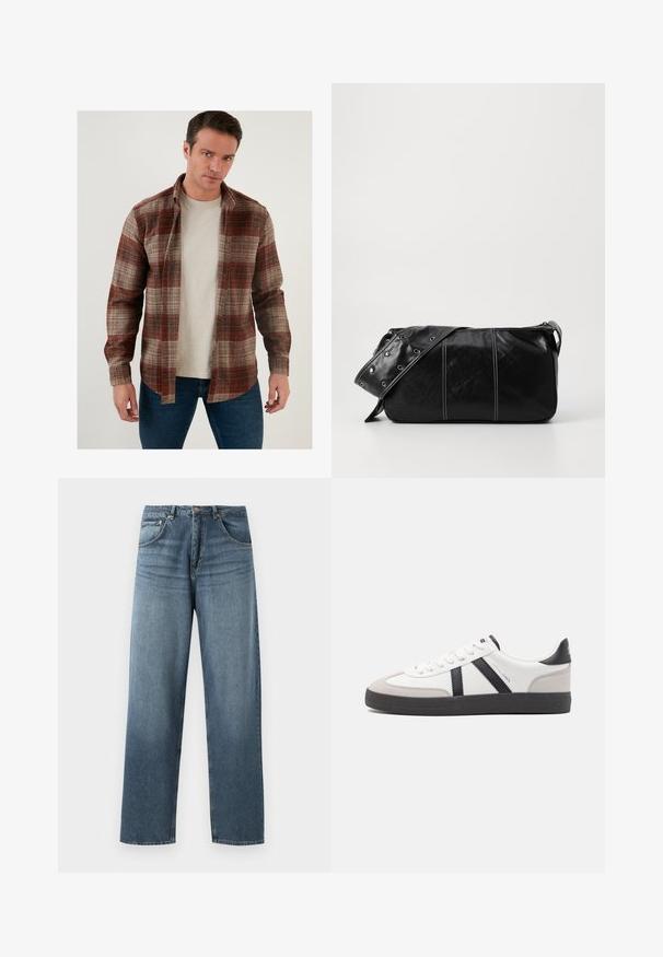 Karierte Flanellhemd in Rot-, Braun- und Beigetönen mit Knopfleiste und langen Ärmeln, getragen über einem hellgrauen T-Shirt.; Gerade geschnittene blaue Jeans aus Denim mit gewaschenem Finish, ausgestattet mit einem Fünf-Taschen-Design, Metallknopf und Gürtelschlaufen. Robustes, mittelschweres Material.; Weiße Sneaker mit schwarz- und grau-aczenten, ausgestattet mit einer strukturierten grauen Zehenkappe, schwarzer Gummi-Sohle und flachen weißen Schnürsenkeln. Sauberes Design, minimalistische Stil.; Schwarze Leder Schultertasche mit Reißverschluss, ausgestattet mit einer strukturierten Oberfläche, weißen Nähten und einem Tragegurt mit silbernen Ösen.