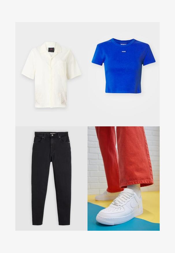 Camisa de manga corta, con botones en tejido crema, con un bolsillo en el pecho y ligeros diseños florales bordados cerca del dobladillo. Textura suave.; Camiseta corta azul hecha de algodón acanalado. Presenta un escote redondo y una pequeña etiqueta de logotipo blanco en el pecho. Mangas cortas.; Jeans negros ajustados con cierre de botón y cremallera, diseño de cinco bolsillos y pasadores para cinturón sobre un fondo gris claro.; Zapatilla de cuero blanco con caja de dedos perforada, suela texturizada y cordones blancos, combinada con pantalones rojos amplios y un fondo azul y amarillo.