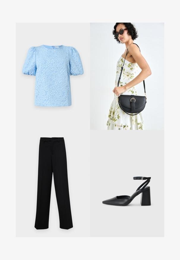 Helles blaues kurzärmliges Blusenshirt mit einem texturierten floralen Stickmuster, Rundhalsauschnitt und voluminösen Puffärmeln. Reißverschluss auf der Rückseite.; Schwarze, weit geschnittene Hosen aus glattem Stoff, mit einem klassischen Taillenbund und einem Knopfverschluss sowie vorderen Falten.; Schwarze Leder-Pumps mit spitzer Zehe, einem Knöchelriemen und einem blockigen Absatz. Flache Textur, elegantes Design und minimalistische Ästhetik.; Schwarze Lederhandtasche mit geschwungener Form, abnehmbarem Tragegurt und goldenen Beschlägen. Die Tasche verfügt über einen Deckel mit einer Schnallen-Details.