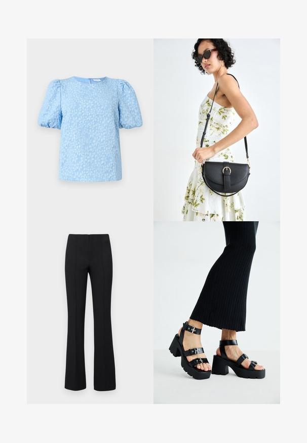 Svetlomodrá blúzka s krátkym rukávom, ktorá má textúrovaný kvetinový výšivkový vzor, okrúhly výstrih a objemné balónové rukávy. Zapínanie na zips na chrbte.; Čierne rozšírené nohavice s rebrovanou textúrou a priliehavým pásom. Dizajn obsahuje vertikálne švy pre štíhly vzhľad. Žiadne viditeľné kovové prvky.; Čierne platformové sandále s robustnými, zúbkovanými podrážkami a viacerými popruhmi, s kovovými prackami a hladkým textúrou pripomínajúcou kožu.; Čierna kožená kabelka s zaobleným tvarom, odnímateľným popruhom a zlatými doplnkami. Kabelka má klopu s detailom s prackou.