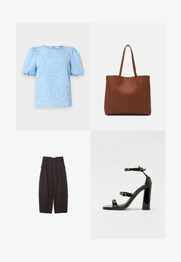 Světle modrá blůza s krátkým rukávem, která se vyznačuje texturovaným květinovým výšivkovým vzorem, kulatým výstřihkem a objemnými balónovými rukávy. Zapínání na zip na zádech.; Černé široké kalhoty vyrobené z hladkého materiálu, s vysokým pasem, předními sklady a bočními kapsami. Jednoduchý design bez ozdob.; Černé lakované sandály na podpatku se čtveratou špičkou, lýtkovými pásky a stříbrnými přezkami. Disponují masivním blokovým podpatkem pro stabilitu.; Hnědá kožená taška přes rameno s hladkou texturou, otevřeným designem a dvěma ramenními popruhy. Obsahuje minimální švy a žádné viditelné kovové prvky.