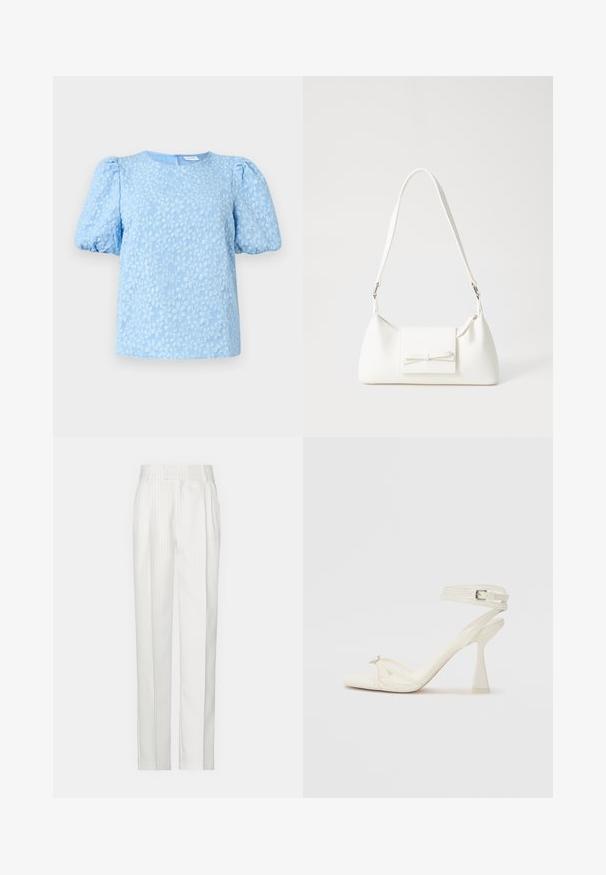 Lyseblå kortermet bluse med et teksturert blomstermønster, rund halslinning og voluminøse puffermer. Glidelås bak.; Hvite strikkede bukser med rette ben, laget av et lett stoff. Har folder foran og et tradisjonelt midjebånd.; Høyhælte sandaler med stropp i hvitt lær, med et stilrent design, gjennomsiktig blokkhæl og et dekorativt element ved tåen.; Hvit syntetisk håndveske med trekantet form, flat klaff foran og sløyfe detaljer, justerbar stropp, glatt tekstur og minimalistisk design.