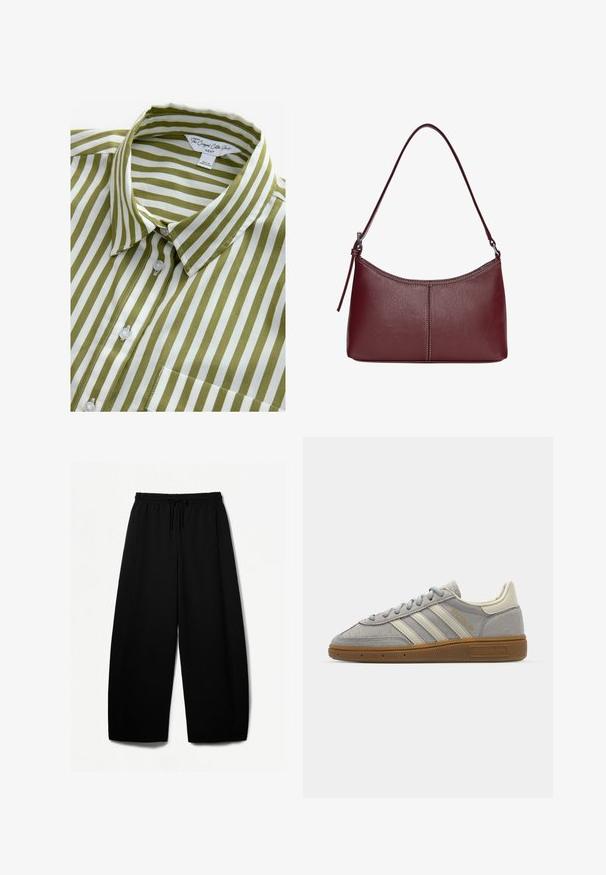 Vihreä-valkoraidallinen lyhythihainen paita, jossa on kauluspanta, napitettava etuosa ja yksi rintatasku. Valmistettu sileästä puuvillakankaasta.; Mustat leveät housut, joissa on joustava vyötärö ja kiristysnauha. Pehmeä kangas, jossa on sileä pinta. Suora leikkaus, jossa on sivusaumat.; Harmaat mokka-tennarit, joissa on vaaleanharmaat nahkaviivat ja kumipohja. Ominaisuuksiin kuuluvat nauhakiinnitys ja huomaamaton brändäys kielen kohdalla.; Maroon-värinen nahkalaukku, jossa on kaareva muoto, yksi olkahihna ja keskellä ommeltu yksityiskohta. Sileä pinta, minimaalinen varustelu.