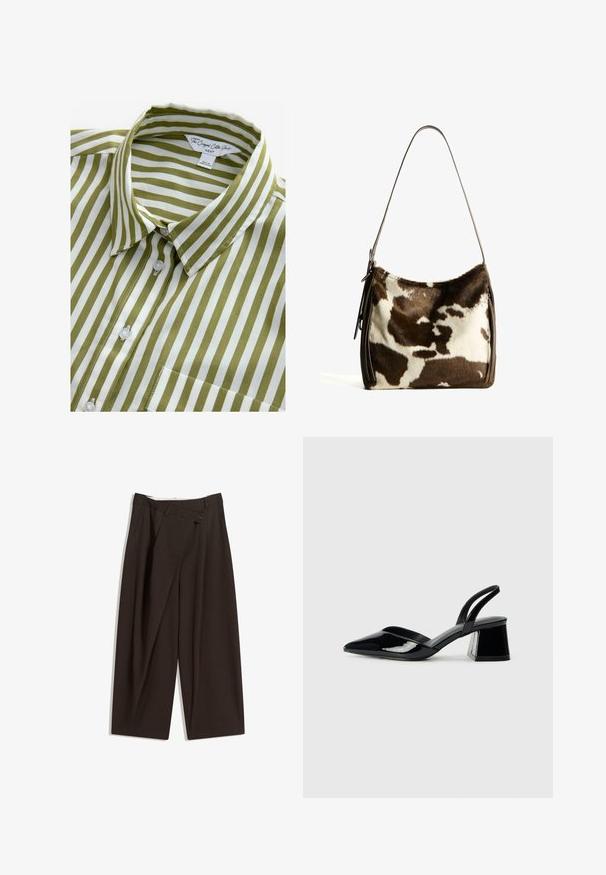 Grüne und weiße gestreifte kurzärmelige Hemd mit Kragen, Knopfverschluss an der Vorderseite und einer Brusttasche. Aus glattem Baumwollstoff gefertigt.; Dunkelbraune, weite Hosen mit hohem Bund, die über einen einzigen Knopfverschluss und eine gefaltete Vorderseite verfügen. Hergestellt aus leichtem Stoff.; Schwarze Lackleder-Slingback-High Heels mit spitzem Schuh und einem geometrischen Blockabsatz. Verfügt über ein schlankes, minimalistisches Design und eine glatte Textur.; Braune und cremefarbene Kuhhaut-Umhängetasche mit einem glatten Ledertrageriemen, Reißverschluss und einer weichen, strukturierten Oberfläche mit einem natürlichen Muster.