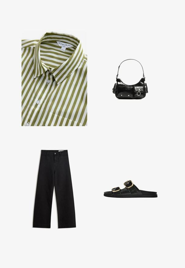 Vihreä-valkoraidallinen lyhythihainen paita, jossa on kauluspanta, napitettava etuosa ja yksi rintatasku. Valmistettu sileästä puuvillakankaasta.; Mustat leveät farkut korkealla vyötäröllä, joissa on etu- ja takataskut, ommellut saumat ja nappisuljenta. Silkinoinen rakenne.; Musta liukusandaali, jossa on kaksi kultaisesta solkesta tehtyä korostusta, sileäpintainen materiaali, litteä pohja ja minimalistinen muotoilu.; Mustekko mustasta kiiltonahasta valmistettu käsilaukku, jossa on kaareva muoto, yksi olkahihna, etutaskut ja hopeanväriset yksityiskohdat.